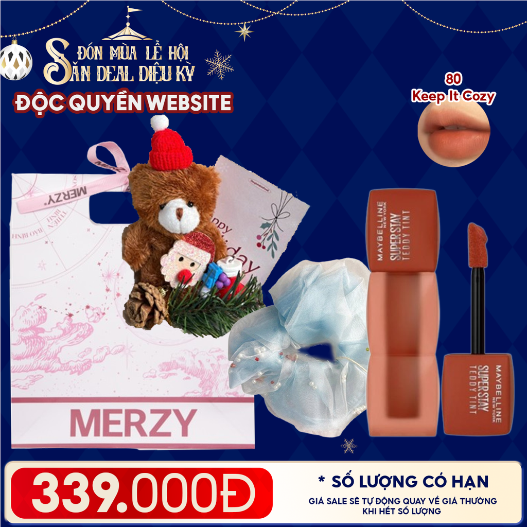 Túi Quà Giáng Sinh: Son Maybelline + Kẹp Tóc Ngẫu Nhiên + Set Quà Gấu + Túi Giấy Merzy Holiday