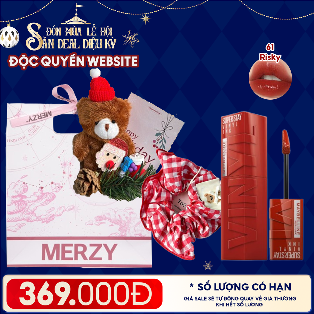 Túi Quà Giáng Sinh: Son Maybelline + Kẹp Tóc Ngẫu Nhiên + Set Quà Gấu + Túi Giấy Merzy Holiday