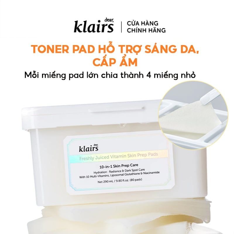 Mặt Nạ Giấy Klairs Cấp Ẩm, Hỗ Trợ Sáng Da, Mờ Thâm Freshly Vitamin Skin Prep Pads 290ml