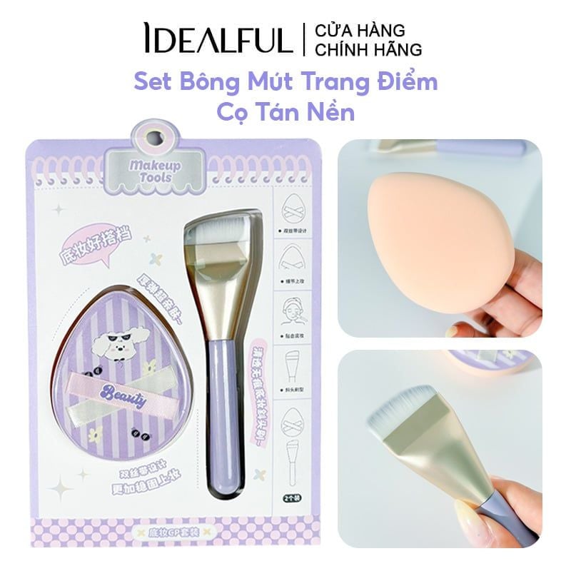 Set Bông Mút Trang Điểm, Cọ Tán Nền Idealful Makeup Puff and Brush Set - QYRJ-1008
