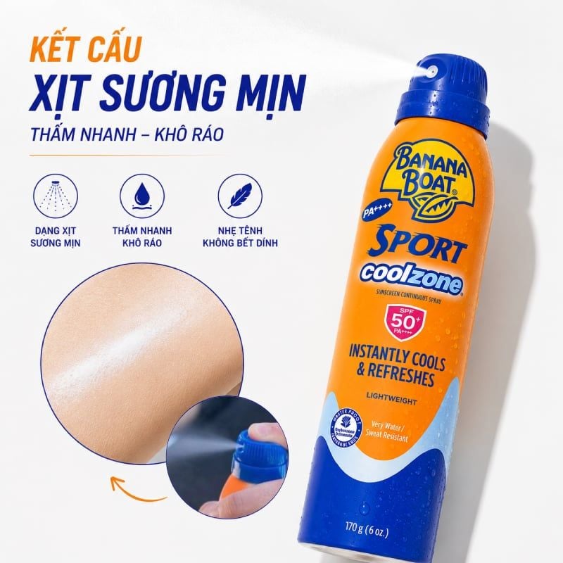 Xịt Chống Nắng Thể Thao Banana Boat Thơm Mát Sport Coolzone Sunscreen Continuous Spray SPF 50+ PA++++ 170g