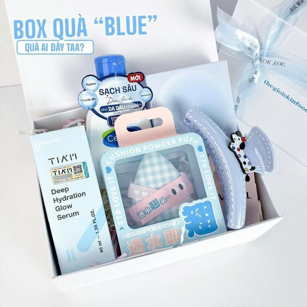 Box Quà Combo: Bông Mút Trang Điểm, Tán Nền TTR Makeup Puff + Sữa Rửa Mặt Cetaphil Gentle Skin Cleanser + Kẹp Tóc Nhựa Hình Gợn Sóng, Mặt Trăng TOOLA + Phấn Nước Trang Điểm Romand Thuần Chay Bare Water Cushion + Serum Tiam Hyaluronic Glow Revive Serum