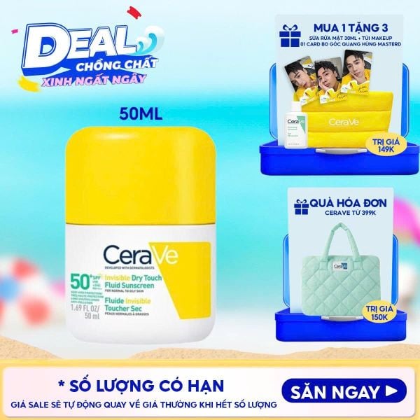  Sữa Chống Nắng Cerave Kiềm Dầu, Mỏng Nhẹ, Khô Thoáng Invisible Dry Touch​ Fluid Sunscreen SPF50+ PA++++​ 50ml 