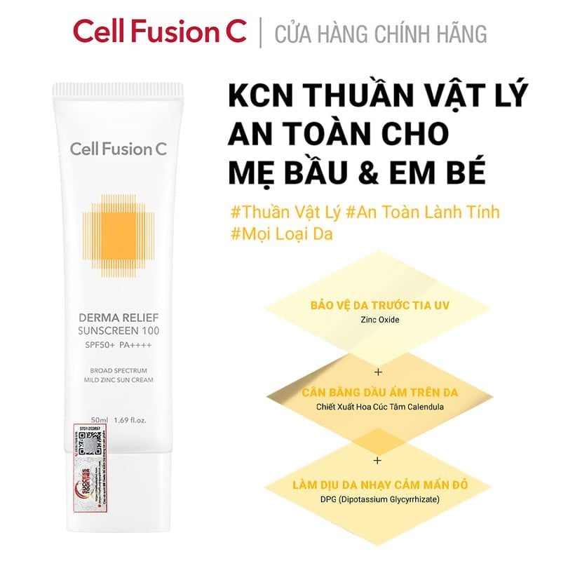 Kem Chống Nắng Cell Fusion C Thuần Vật Lí, Dịu Nhẹ Da Derma Relief Sunscreen 100 SPF50+/PA++++ 50g