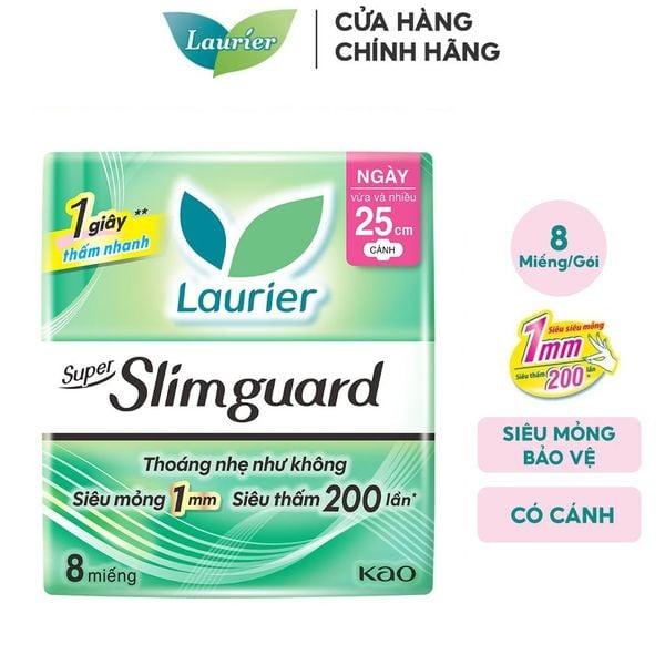  Băng Vệ Sinh Laurier Siêu Mỏng Bảo Vệ Super Slimguard 25cm - 8 Miếng (Che tên sản phẩm khi giao hàng) 