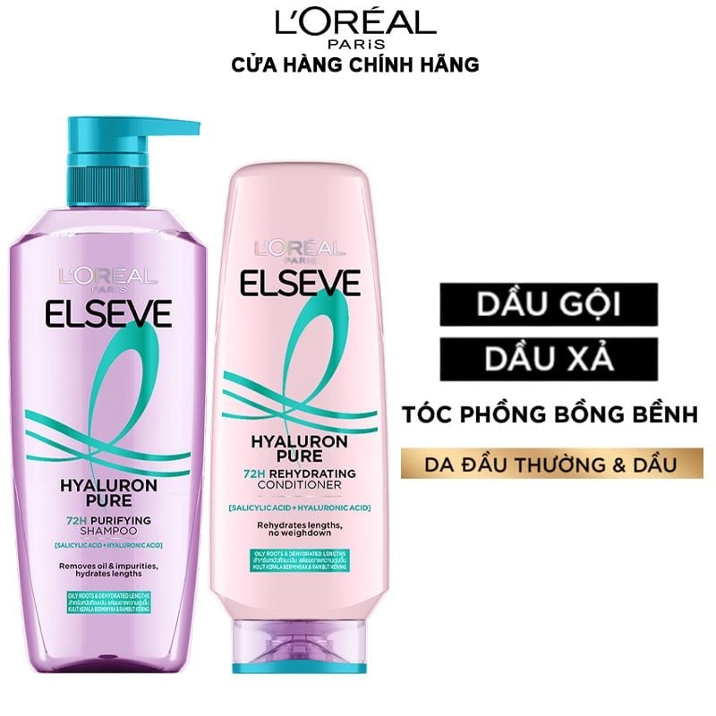 Dầu Gội, Dầu Xả Dưỡng Tóc Phồng Bồng Bềnh Cho Da Đầu Dầu & Thường L'oreal Elseve Hyaluron Pure 72H