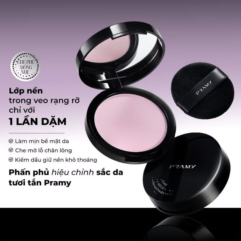 Phấn Phủ Nén Hiệu Chỉnh Sắc Da Tươi Tắn Pramy Sheer Pressed Powder 8g #Luminous Lavender