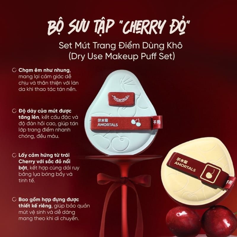 Bộ 2 Bông Mút Trang Điểm Kèm Hộp Đựng Amortals Cherry Foundation Powder Puff Set 3 pcs