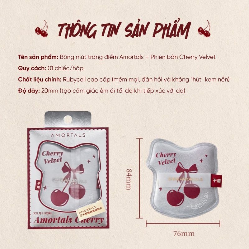 Bông Mút Trang Điểm Mềm Mịn Amortals Cherry Series Velvet Sweetheart Puff XXL 1pcs