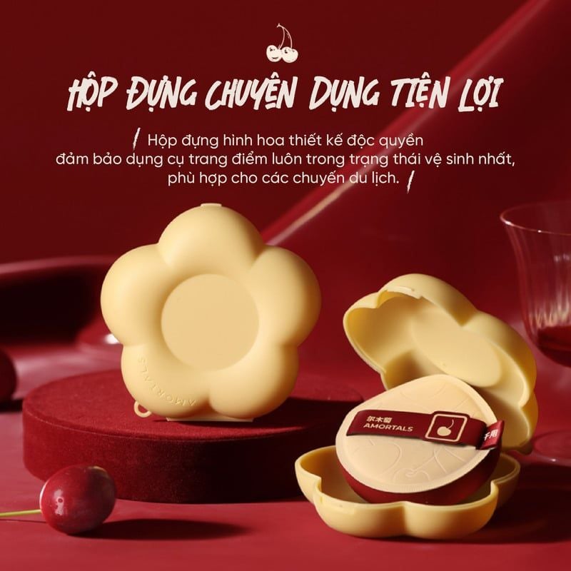 Bộ 2 Bông Mút Trang Điểm Kèm Hộp Đựng Amortals Cherry Foundation Powder Puff Set 3 pcs