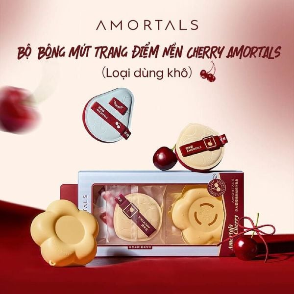  Bộ 2 Bông Mút Trang Điểm Kèm Hộp Đựng Amortals Cherry Foundation Powder Puff Set 3 pcs 