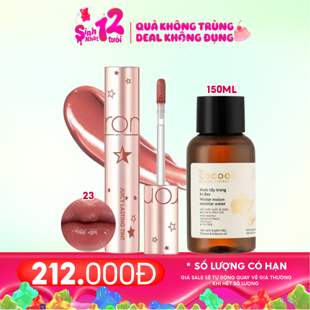 Combo 2 Sản Phẩm: Son Tint Lì Romand Juicy Lasting Tint Starry Edition Màu 23 Nucadamia + Nước Tẩy Trang Cocoon Bí Đao Thuần Chay 140ml