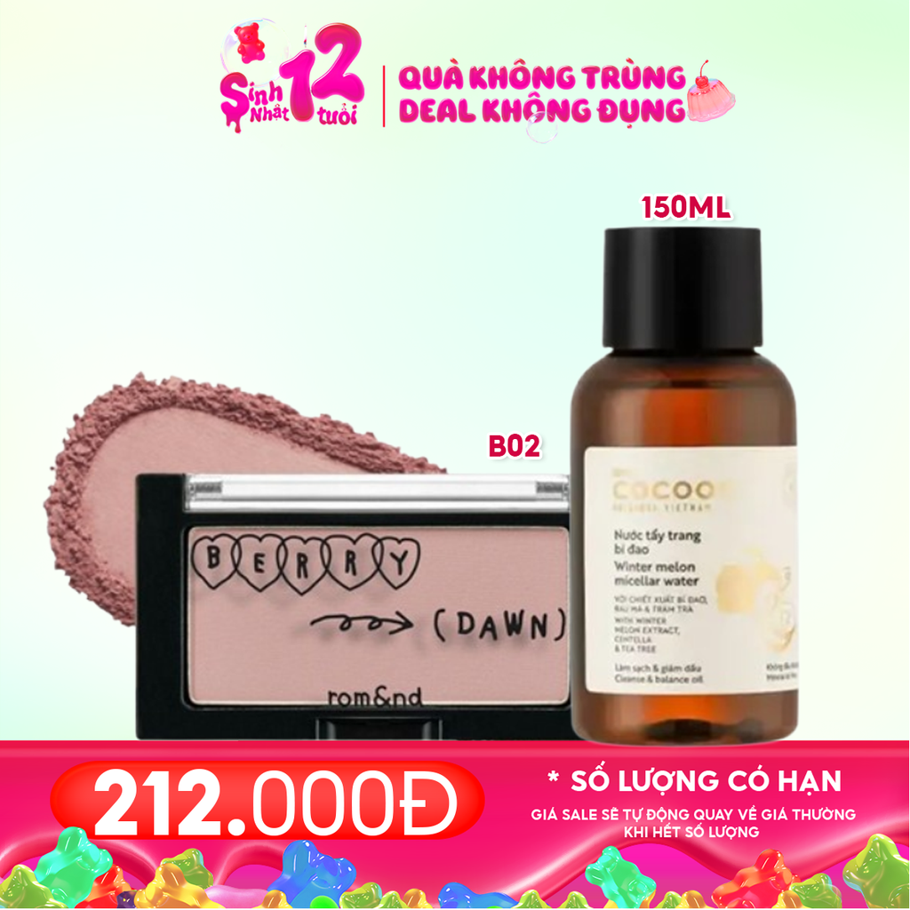 Combo 2 Sản Phẩm: Phấn Má Hồng Romand #B02 Berry Dawn + Nước Tẩy Trang Cocoon Bí Đao Thuần Chay 140ml