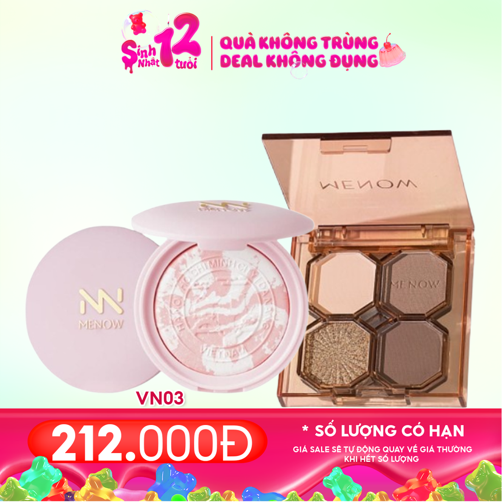 Combo 2 Sản Phẩm MENOW: Phấn Phủ Nén MENOW Clear Radiant Pressed Powder #VN03 Trắng Hồng + Bảng Phấn Mắt 4 Ô MENOW Glishten Four Color Eyeshadow Palette 4g