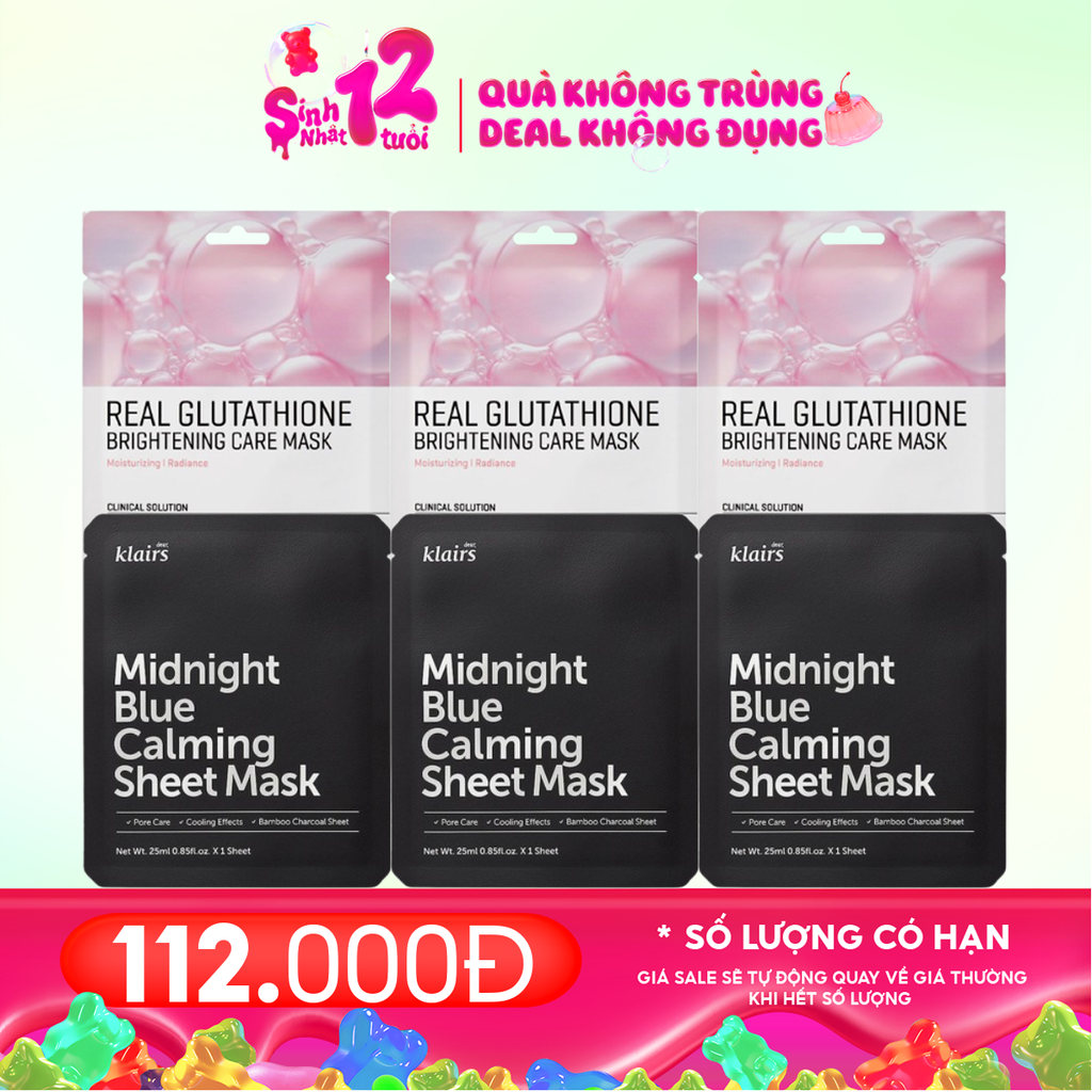 Combo Mask 6 Miếng: Mặt Nạ Klairs Làm Dịu Midnight Blue 25ml + Mặt Nạ Dưỡng Da Some By Mi #Glutathione - Dưỡng trắng 20g