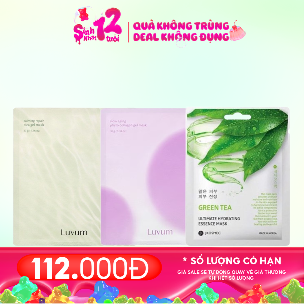 Combo Mask 3 Miếng : Mặt Nạ Thạch Luvum Calming Repair Cica Gel Mask 33g (1 miếng) + Mặt Nạ Thạch Luvum Slow Aging Phyto Collagen Gel Mask (1 miếng) + Mặt Nạ Chiết Xuất Trà Xanh Jkosmec Ultimate Hydrating Essence Mask #Green Tea (1 miếng)