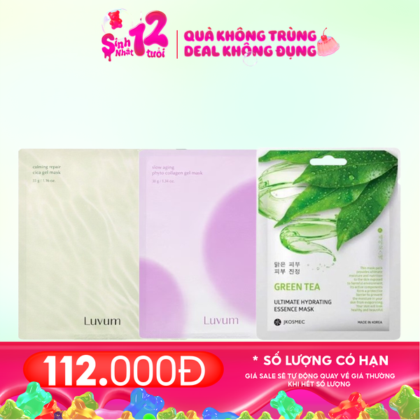  Combo Mask 3 Miếng : Mặt Nạ Thạch Luvum Calming Repair Cica Gel Mask 33g (1 miếng) + Mặt Nạ Thạch Luvum Slow Aging Phyto Collagen Gel Mask (1 miếng) + Mặt Nạ Chiết Xuất Trà Xanh Jkosmec Ultimate Hydrating Essence Mask #Green Tea (1 miếng) 