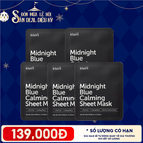  Combo 5 Miếng Mặt Nạ Klairs Làm Dịu, Hỗ Trợ Giảm Kích Ứng, Phục Hồi Da Midnight Blue Calming Sheet Mask 25ml 