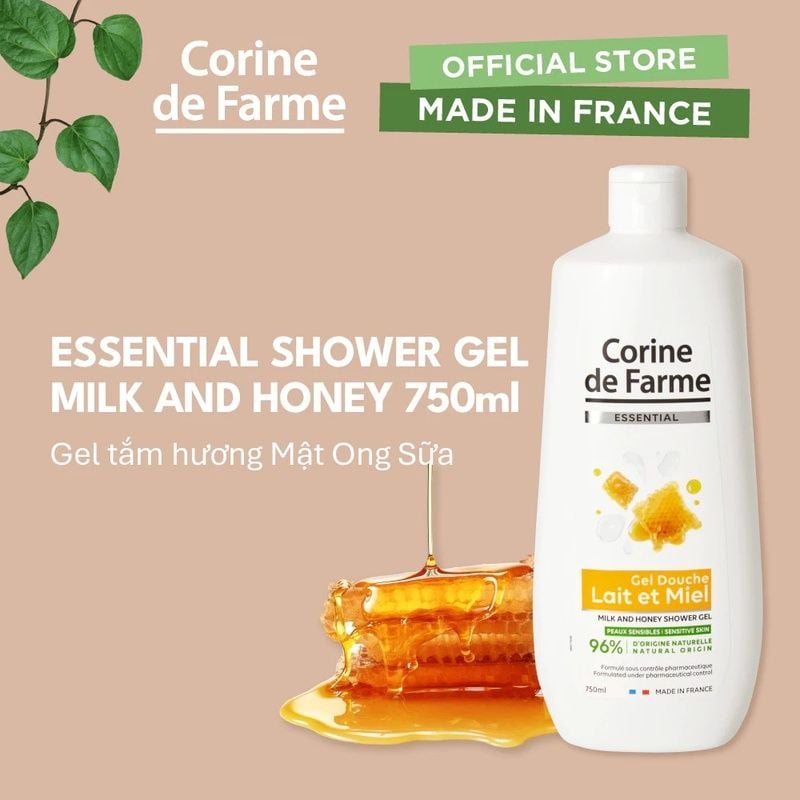 Gel Tắm Chiết Xuất Thiên Nhiên Dưỡng Ẩm, Làm Dịu Da Corine de Farme Essential Shower Gel 750ml