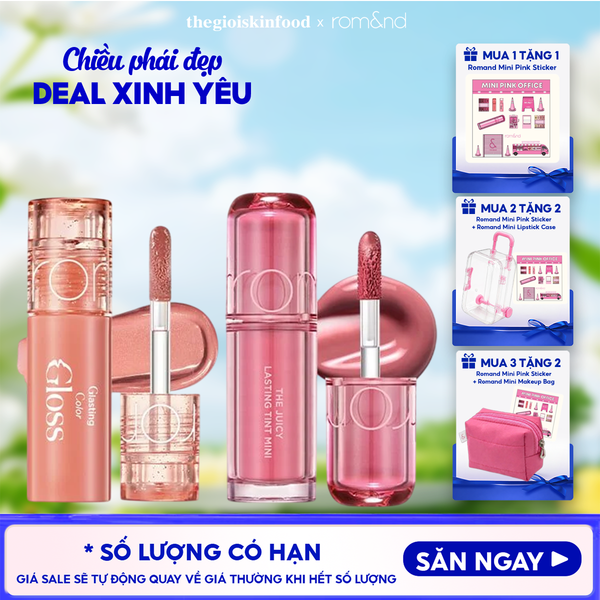  [MINI PINK] Son Tint Lì Romand The Juicy Lasting Tint 1g & Son Bóng Romand Glasting Color Gloss 2g 