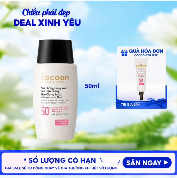  Sữa Chống Nắng Vô Cơ Sen Hậu Giang Cocoon Hau Giang Lotus Mineral Sun Fluid SPF 50+ PA++++ (Tone-Up Pink) 