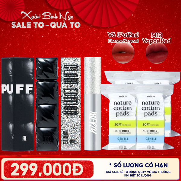  Combo Siêu Hời: Son Kem Lì Merzy Puffer V6 + Son Kem Lì Merzy Glam M13 Vapor Red + 4 Bông Tẩy Trang - 50 miếng 