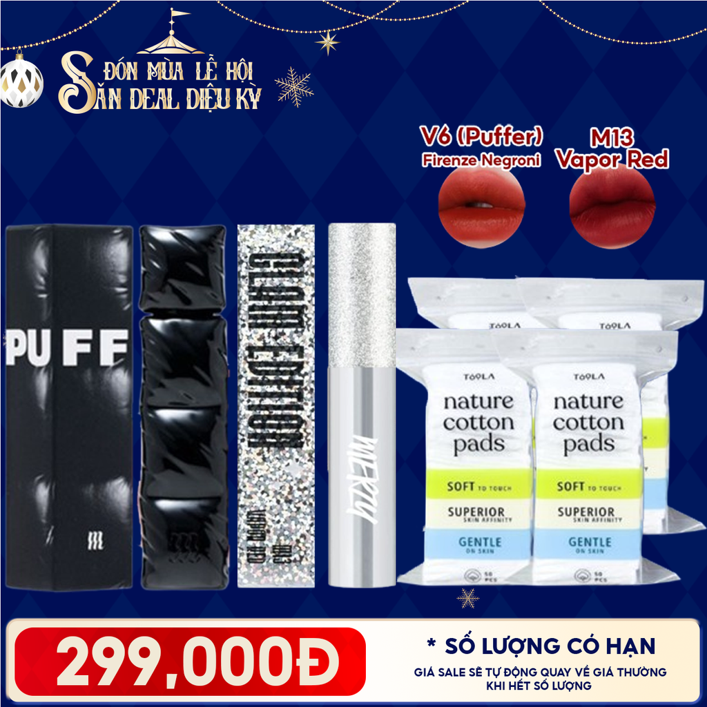 Combo Siêu Hời: Son Kem Lì Merzy Puffer V6 + Son Kem Lì Merzy Glam M13 Vapor Red + 4 Bông Tẩy Trang - 50 miếng