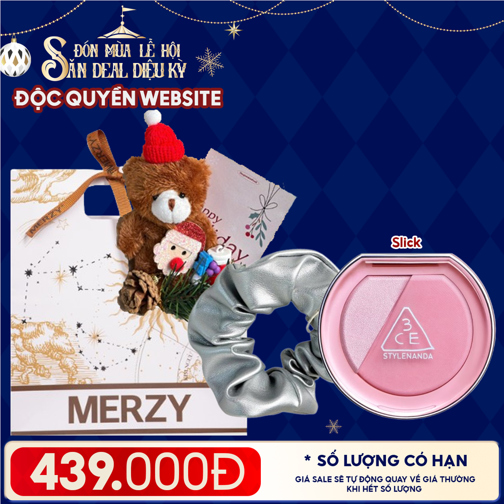 Túi Quà Giáng Sinh: Má Hồng 3CE + Kẹp Tóc Ngẫu Nhiên + Set Quà Gấu + Túi Giấy Merzy Holiday