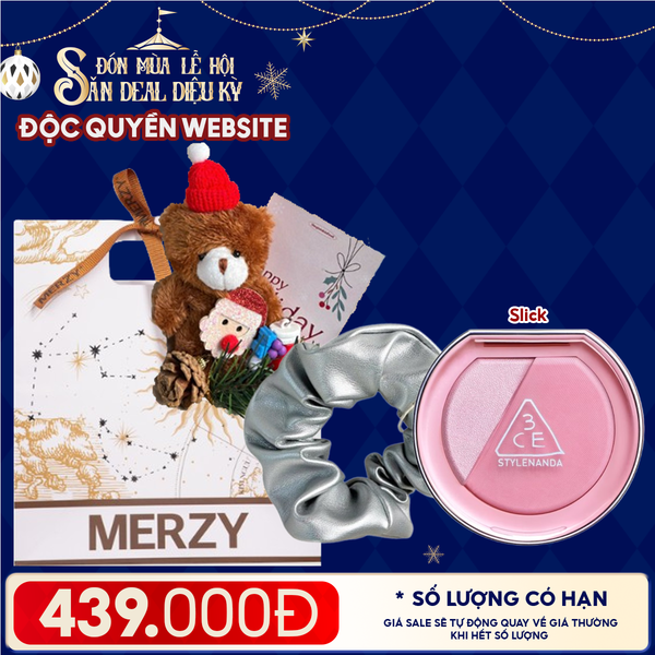  Túi Quà Giáng Sinh: Má Hồng 3CE + Kẹp Tóc Ngẫu Nhiên + Set Quà Gấu + Túi Giấy Merzy Holiday 