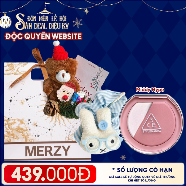  Túi Quà Giáng Sinh: Má Hồng 3CE + Kẹp Tóc Ngẫu Nhiên + Set Quà Gấu + Túi Giấy Merzy Holiday 