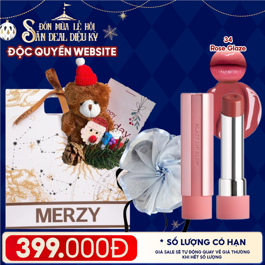 Túi Quà Giáng Sinh: Son 3CE + Kẹp Tóc Ngẫu Nhiên + Set Quà Gấu + Túi Giấy Merzy Holiday