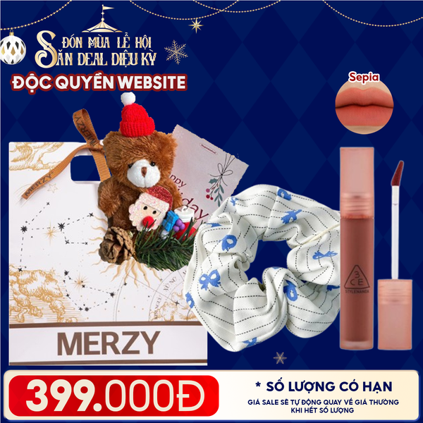  Túi Quà Giáng Sinh: Son 3CE + Kẹp Tóc Ngẫu Nhiên + Set Quà Gấu + Túi Giấy Merzy Holiday 
