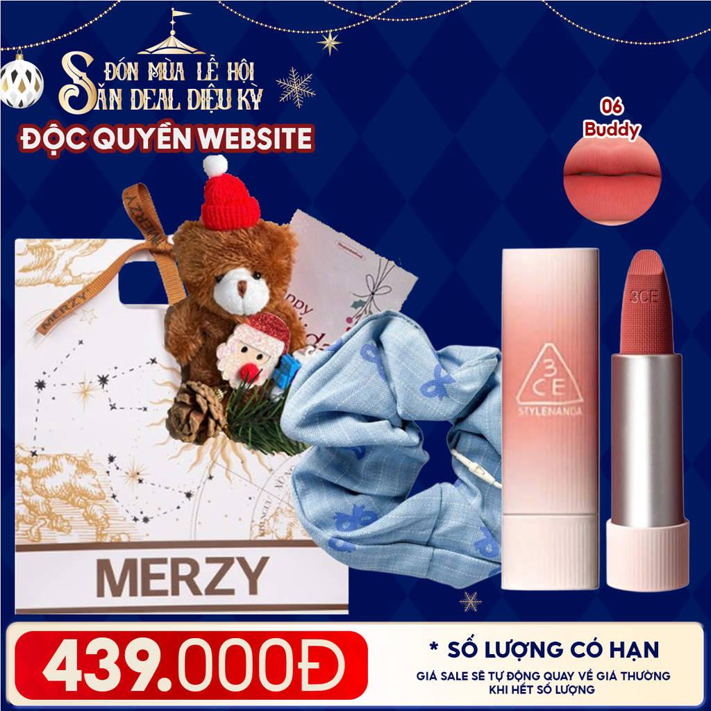 Túi Quà Giáng Sinh: Son 3CE + Kẹp Tóc Ngẫu Nhiên + Set Quà Gấu + Túi Giấy Merzy Holiday