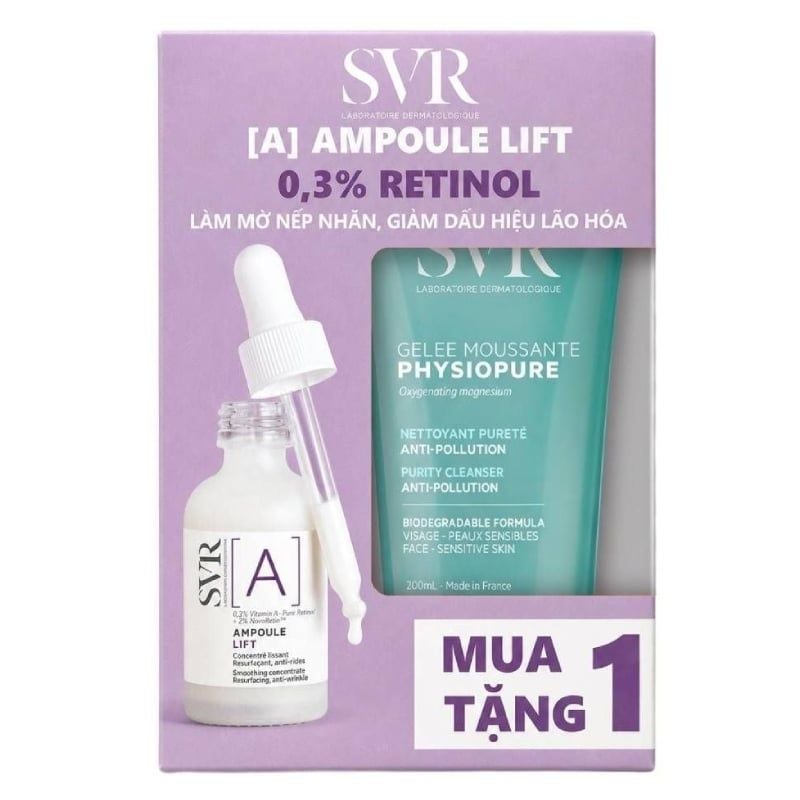 Serum SVR Tinh Chất Ngăn Ngừa Lão Hóa, Dưỡng Da Mềm Mịn [A] Ampoule Lift 30ml + Sữa Rửa Mặt SVR Physiopure Gelée Moussante 200ml