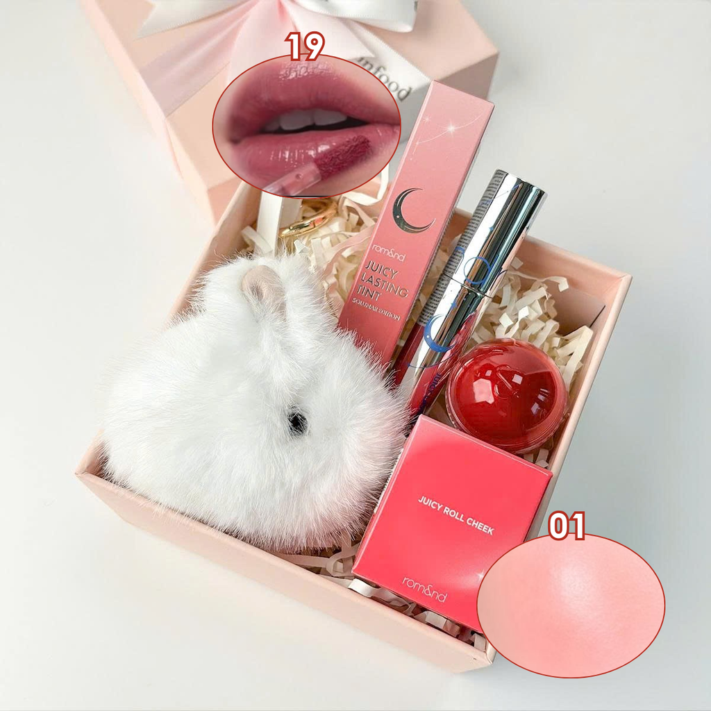 [PRE-ORDER 8/3]Box Qùa Combo: Son Tint Lì Romand Juicy Lasting Tint Solunar Edition + Má Hồng Kem Romand Dạng Lăn Juicy Roll Cheek + Móc Khóa Thỏ Trắng + Hộp Qùa 14x14x7 Màu Hồng