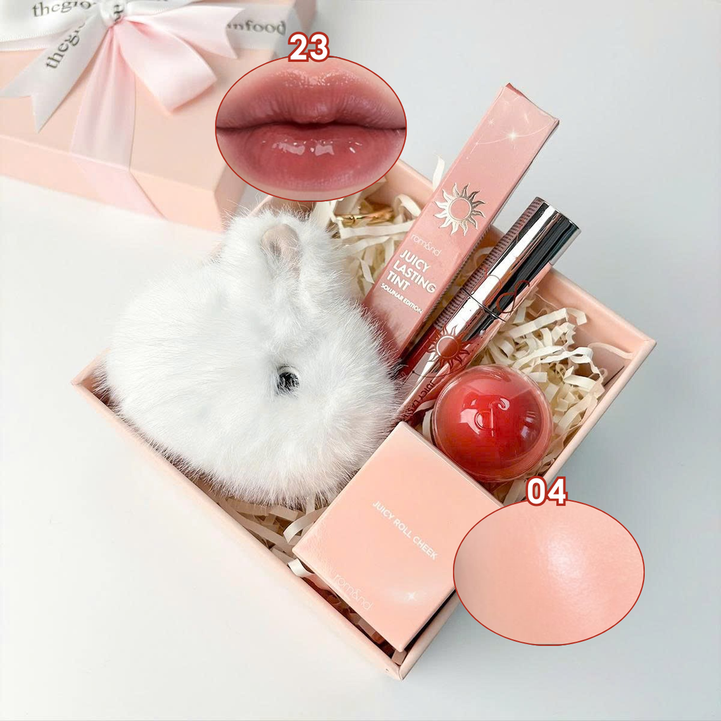 [PRE-ORDER 8/3]Box Qùa Combo: Son Tint Lì Romand Juicy Lasting Tint Solunar Edition + Má Hồng Kem Romand Dạng Lăn Juicy Roll Cheek + Móc Khóa Thỏ Trắng + Hộp Qùa 14x14x7 Màu Hồng