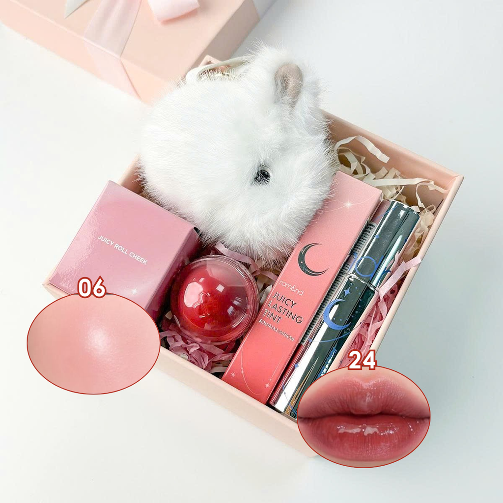 [PRE-ORDER 8/3]Box Qùa Combo: Son Tint Lì Romand Juicy Lasting Tint Solunar Edition + Má Hồng Kem Romand Dạng Lăn Juicy Roll Cheek + Móc Khóa Thỏ Trắng + Hộp Qùa 14x14x7 Màu Hồng