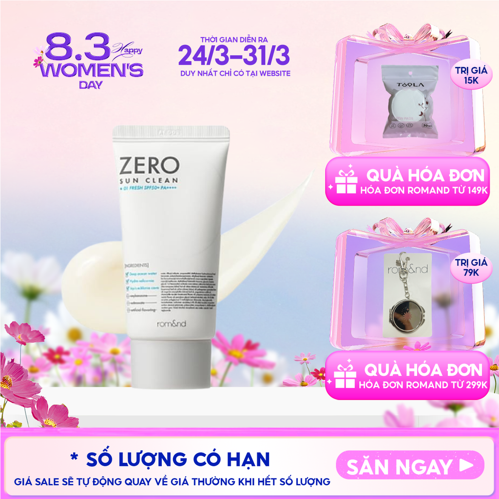 Kem Chống Nắng Romand Kiêm Kem Lót Bảo Vệ Da Hiệu Quả Zero Sun Clean SPF50+/PA++++ 50g