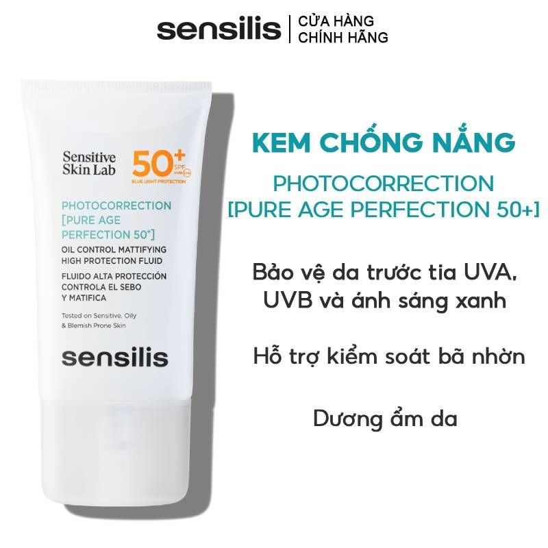 Kem Chống Nắng Sensilis Hỗ Trợ Kiểm Soát Nhờn Cho Da Dầu Mụn Photocorrection [Pure Age Perfection 50+] SPF 50+ 40ml