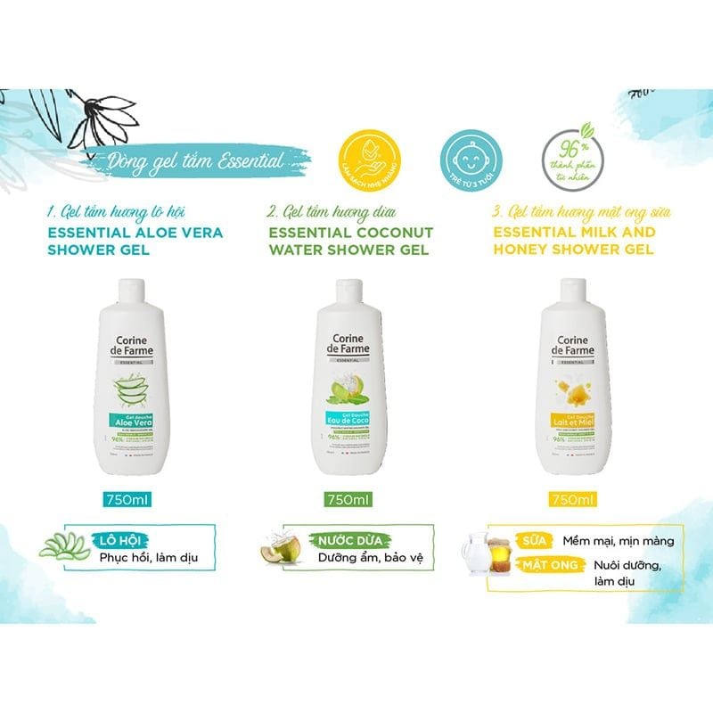 Gel Tắm Chiết Xuất Thiên Nhiên Dưỡng Ẩm, Làm Dịu Da Corine de Farme Essential Shower Gel 750ml