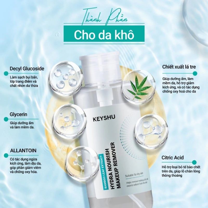 Nước Tẩy Trang Keyshu Làm Sạch Lớp Trang Điểm, Cho Da Khô, Nhạy Cảm Makeup Remover 550ml/550g