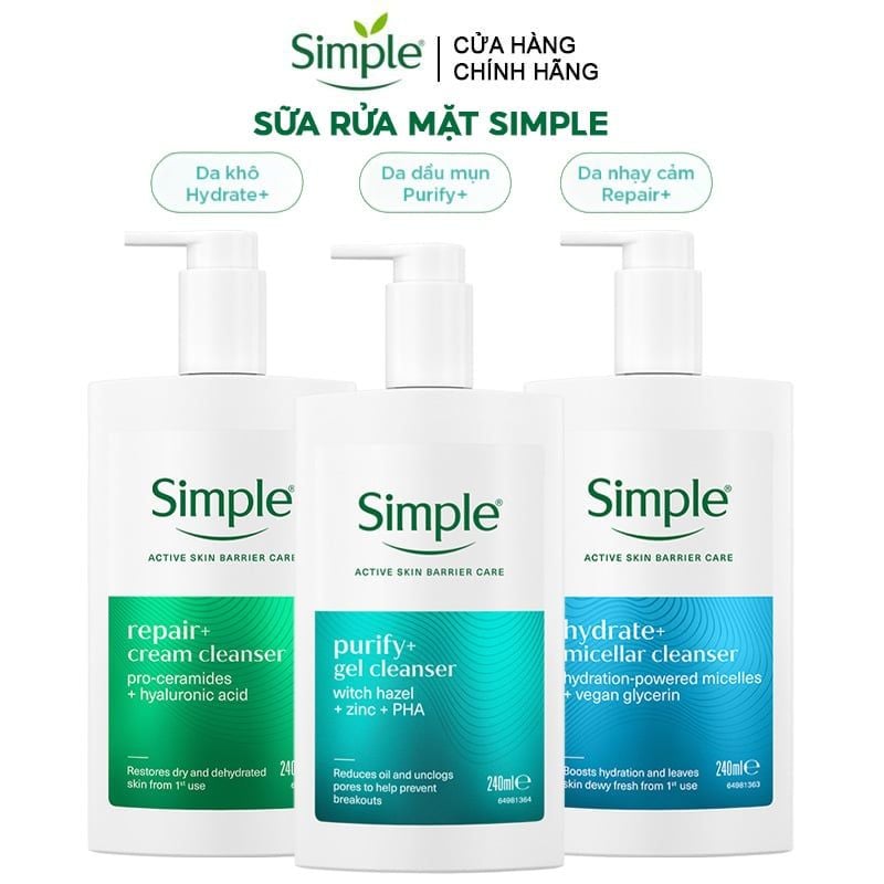 Sữa Rửa Mặt Simple Giúp Giảm Mụn, Cấp Ẩm, Phục Hồi Da Cleanser 240ml