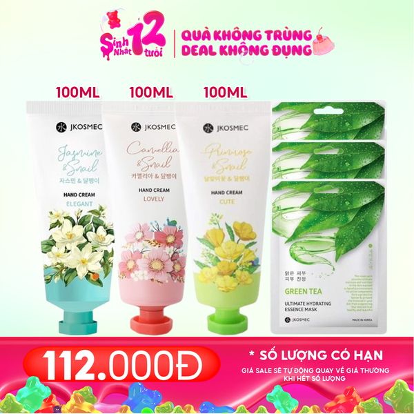  Combo 6 Sản Phẩm: 3 Tuýp Kem Dưỡng Da Tay Jkosmec 100ml + 3 Miếng Mặt Nạ​​​​​​​ Jkosmec Ultimate #Green Tea 