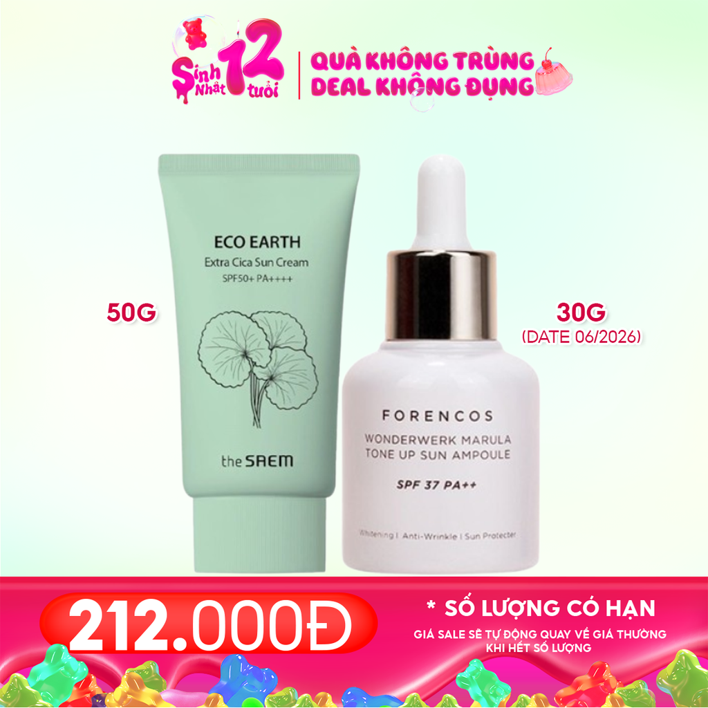 Combo 2 Sản Phẩm: Kem Chống Nắng Nâng Tông The Saem Eco Earth Extra Cica Sun Cream SPF50+/PA++++ 50g + Tinh Chất Chống Nắng Forencos Wonderwerk Marula Tone Up Sun Ampoule 30ml (date 06/2026)