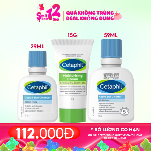  Combo 3 Sản Phẩm Cetaphil: Sữa Rửa Mặt Cấp Ẩm 29ml + Kem Dưỡng Ẩm 15g + Sữa Rửa Mặt Da Nhạy Cảm 59ml 