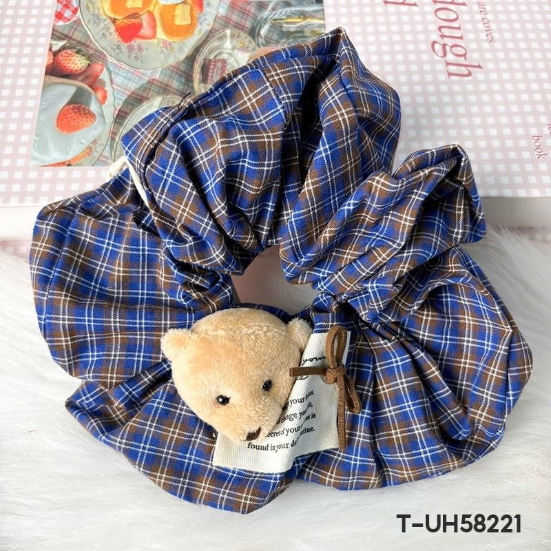 Dây Cột Tóc Scrunchies Sọc Caro, Đính Gấu Cao Cấp TOOLA