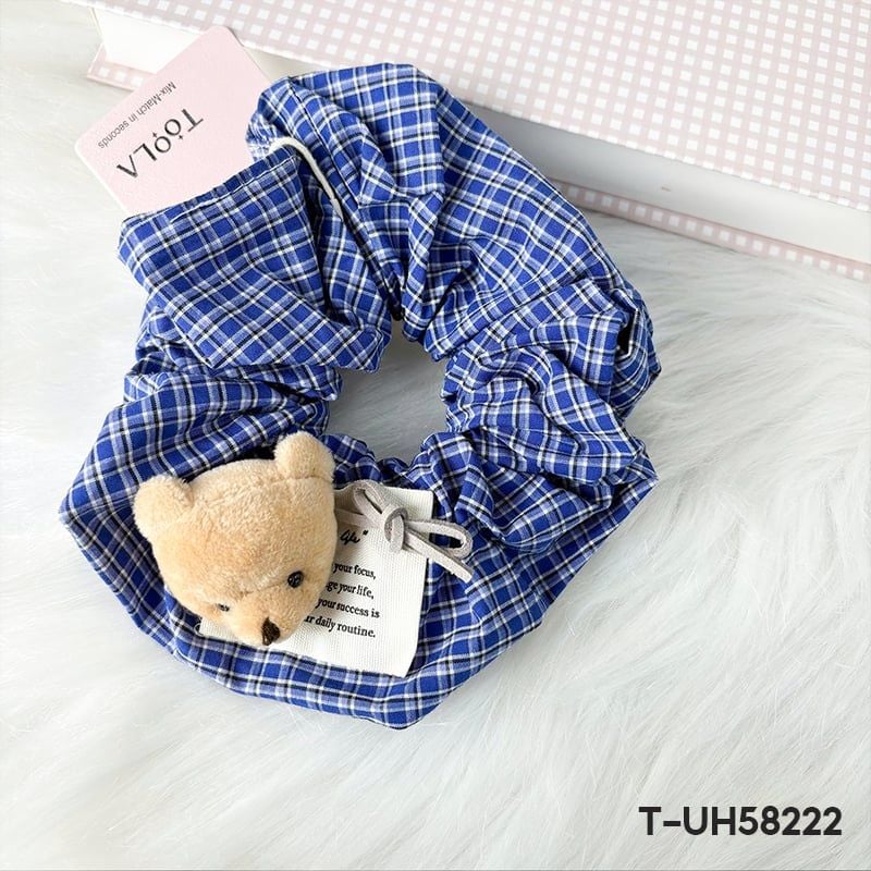 Dây Cột Tóc Scrunchies Sọc Caro, Đính Gấu Cao Cấp TOOLA