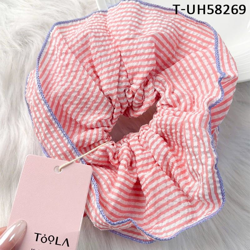 Dây Cột Tóc Scrunchies Sọc Caro, Đính Gấu Cao Cấp TOOLA