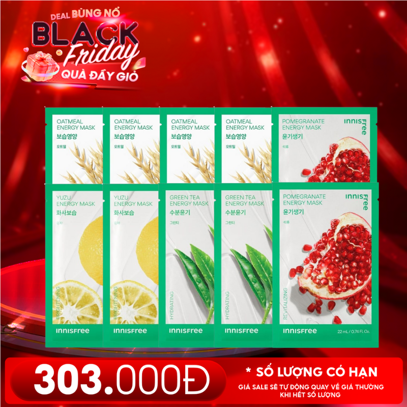 Combo Innisfree 10 Miếng Mask: Mặt Nạ Dưỡng Da Yến Mạch (4 miếng) + Lựu Đỏ (2 miếng) + Trà Xanh (2 miếng) + Yuzu (2 miếng)