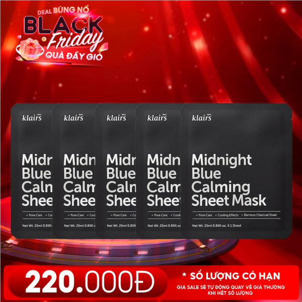  Combo Klairs 5 Mask: Mặt Nạ Klairs Làm Dịu, Hỗ Trợ Giảm Kích Ứng, Phục Hồi Da Midnight Blue Calming Sheet Mask 
